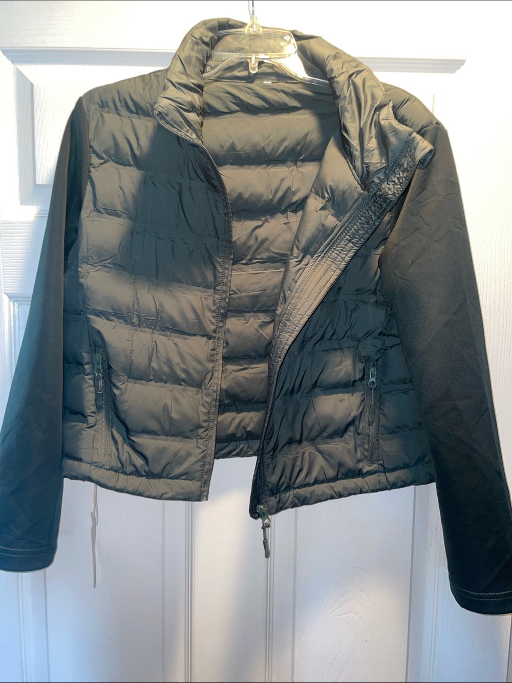 Black Quilted Hybrid Puffer Jacket - Women's, dark Green